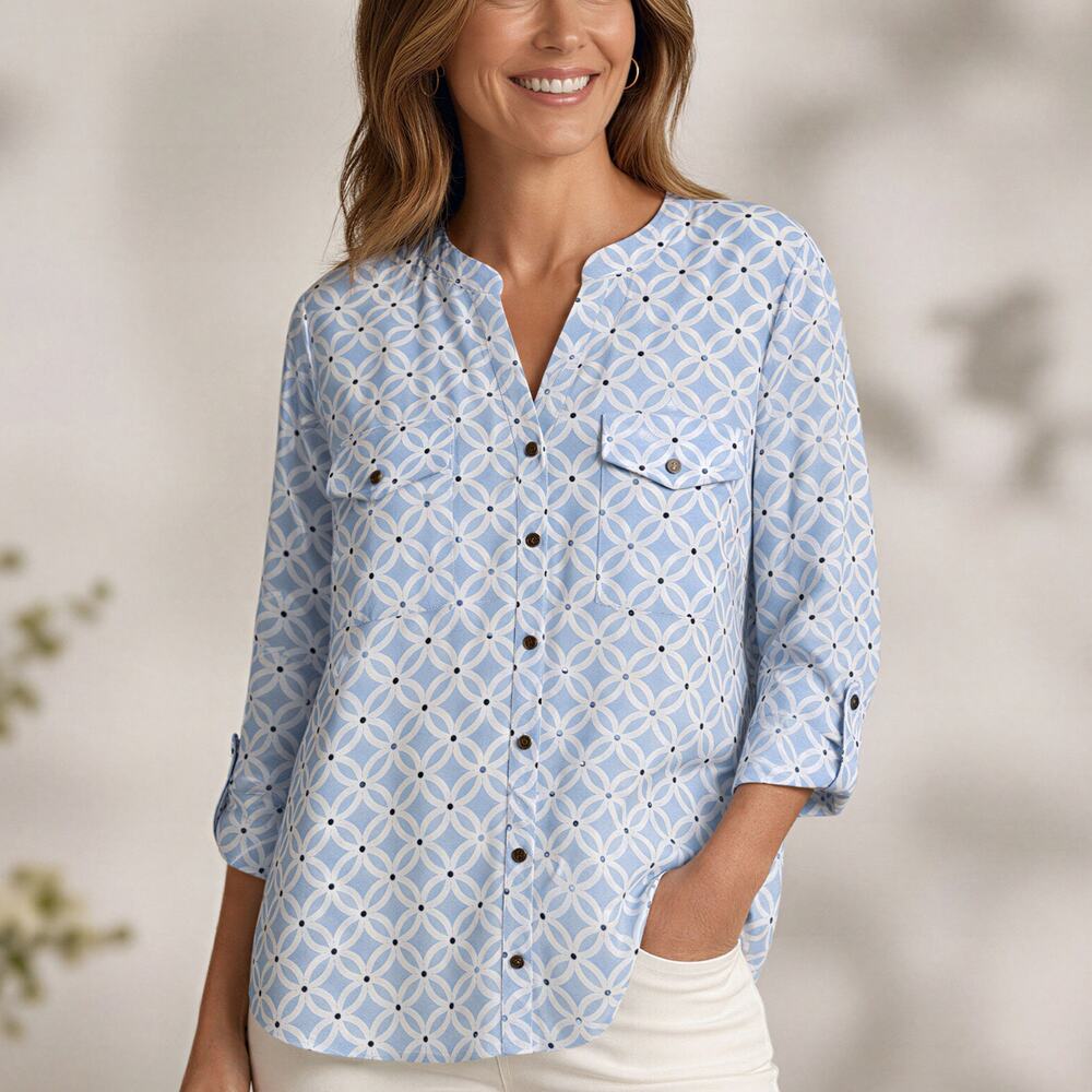 Notations Geometric Top Women XL Blue White Convertable Sleeve Office Corpcore
